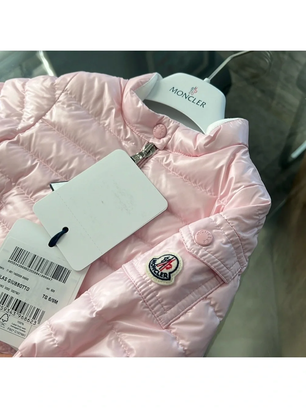MONCLER Paulas Down Logo-Patch Sleeve Jacket, Pink Girl’s Size 6-9M New w/Tag
